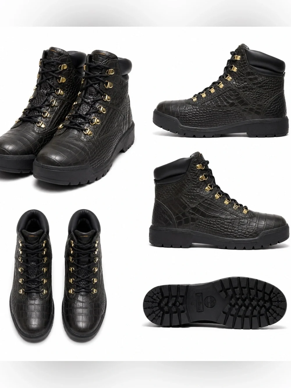 Timberland Black Croc-Embossed Lace-Up Boots with Gold Hardware